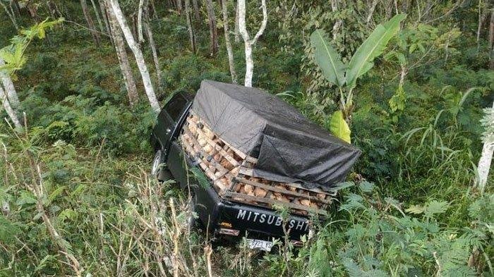 Pickup pengangkut kelapa Terperosok ke kebun warga